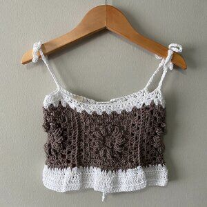 NWT Handmade Crochet White Brown Children's Granny Square Tie Straps Crop Top